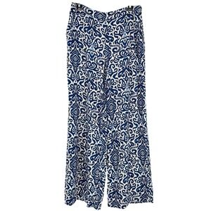 ZARA Ikat Print Wide Leg Flowy Pants Blue White Resort Boho Chic XL